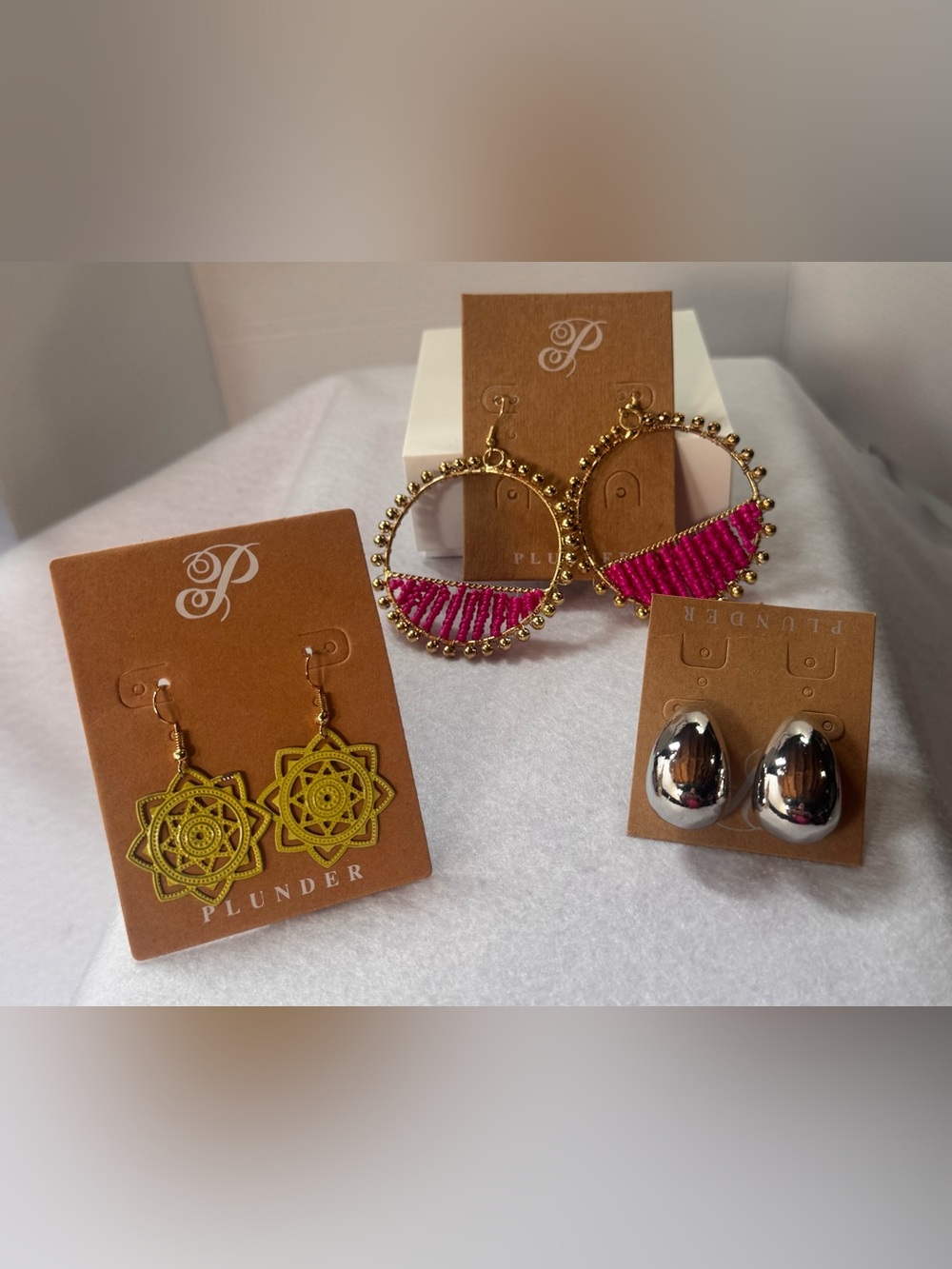 Plunder Earrings Lot of 3 Pink Beaded Hoops Boho Dangle Silver Stud NWOT